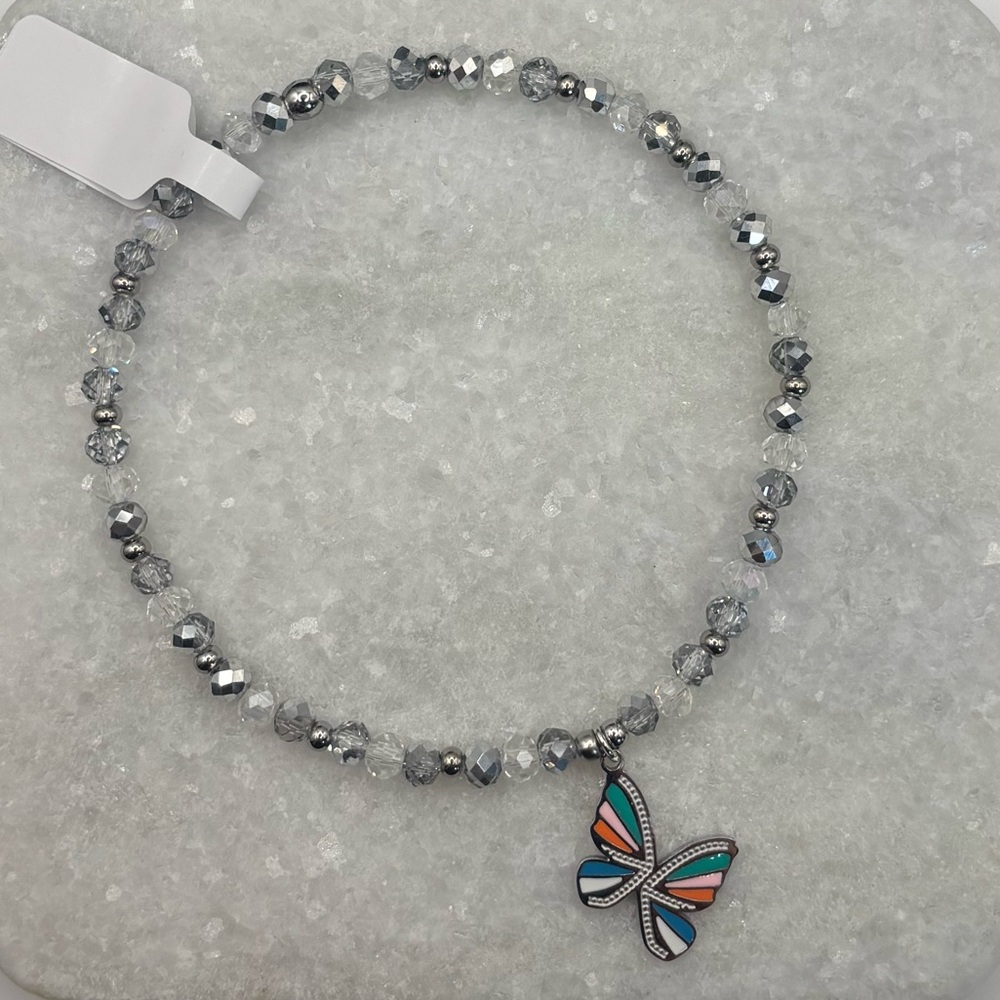 *ANKLET* S. Steel Silver Butterfly & Silver Crystal Stretchy Anklet - Picture 3 of 6